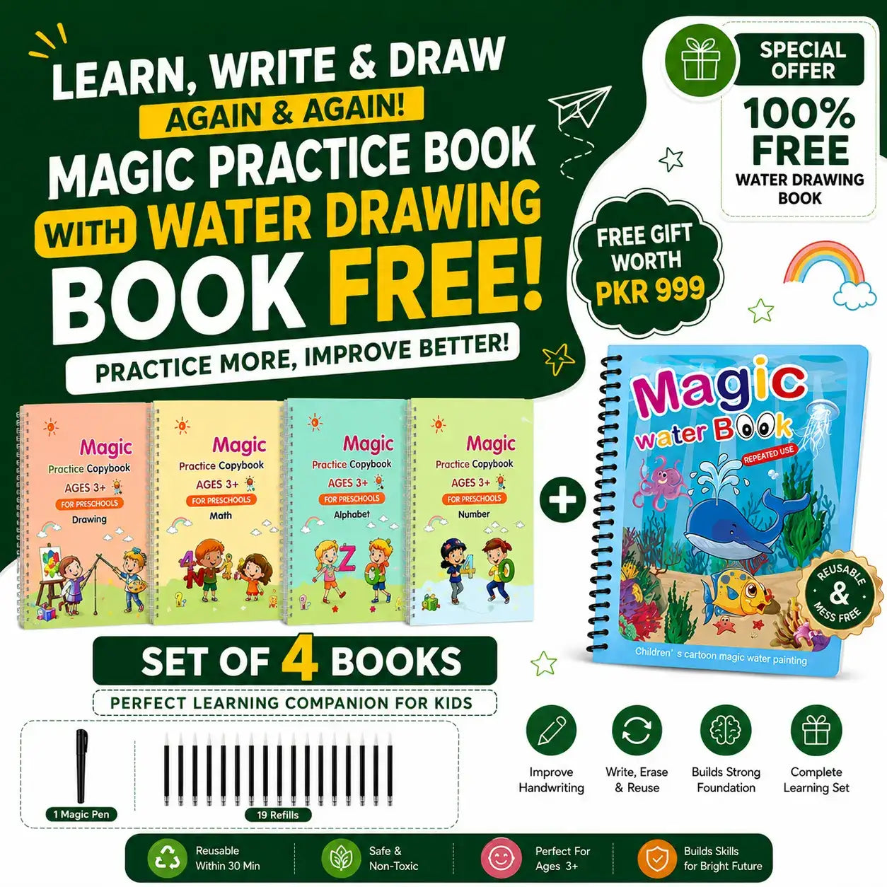 Sank Magic Practice Book for Kids — 4 Books + Magic Pen & 10 Ink Refills + FREE Water Drawing Book