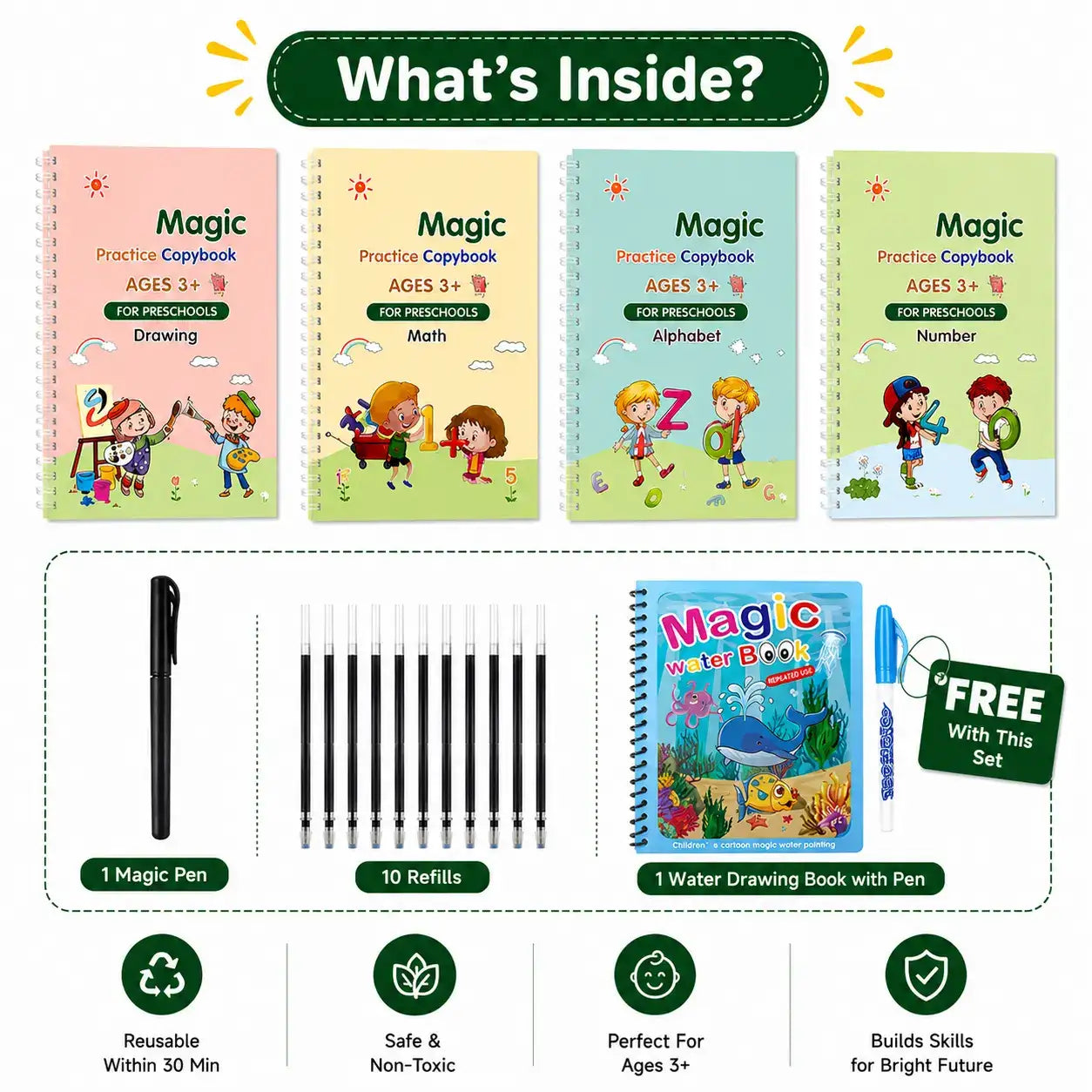 Sank Magic Practice Book for Kids — 4 Books + Magic Pen & 10 Ink Refills + FREE Water Drawing Book