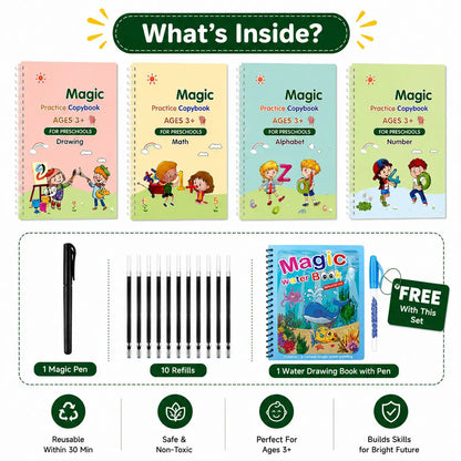 Sank Magic Practice Book for Kids — 4 Books + Magic Pen & 10 Ink Refills + FREE Water Drawing Book