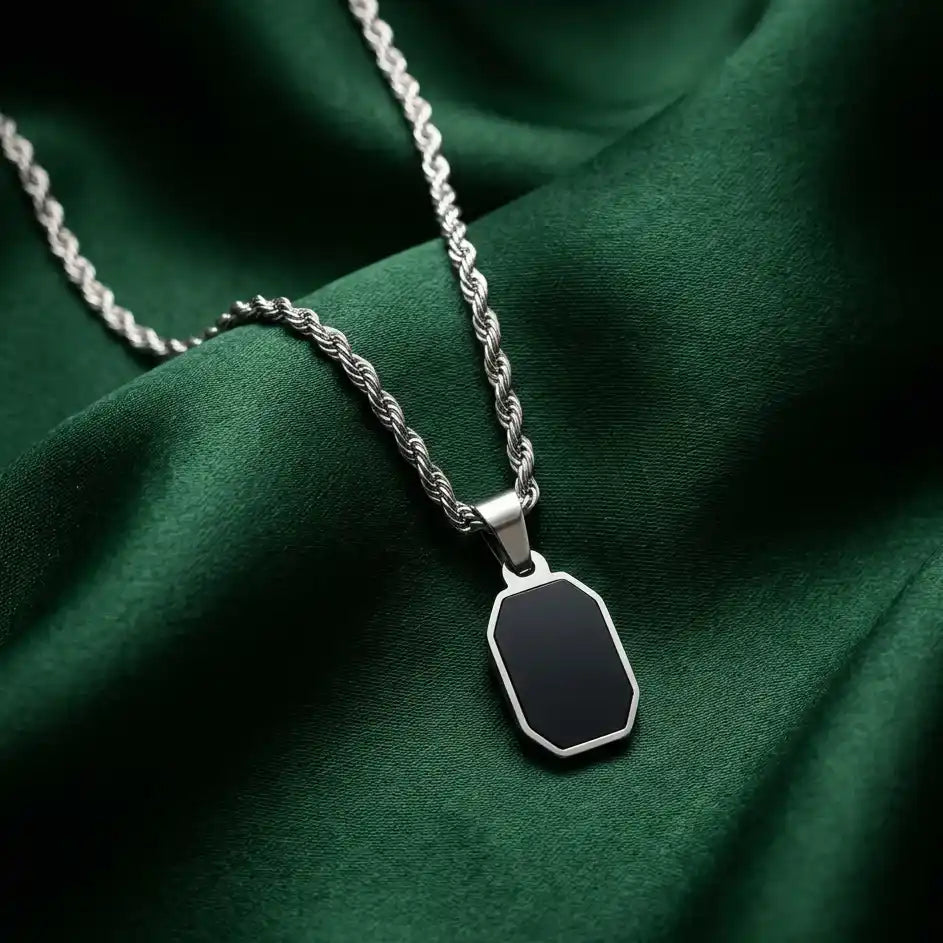 ilver Rope Chain with Elegant Black Octagon Pendant