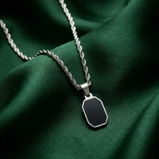 ilver Rope Chain with Elegant Black Octagon Pendant